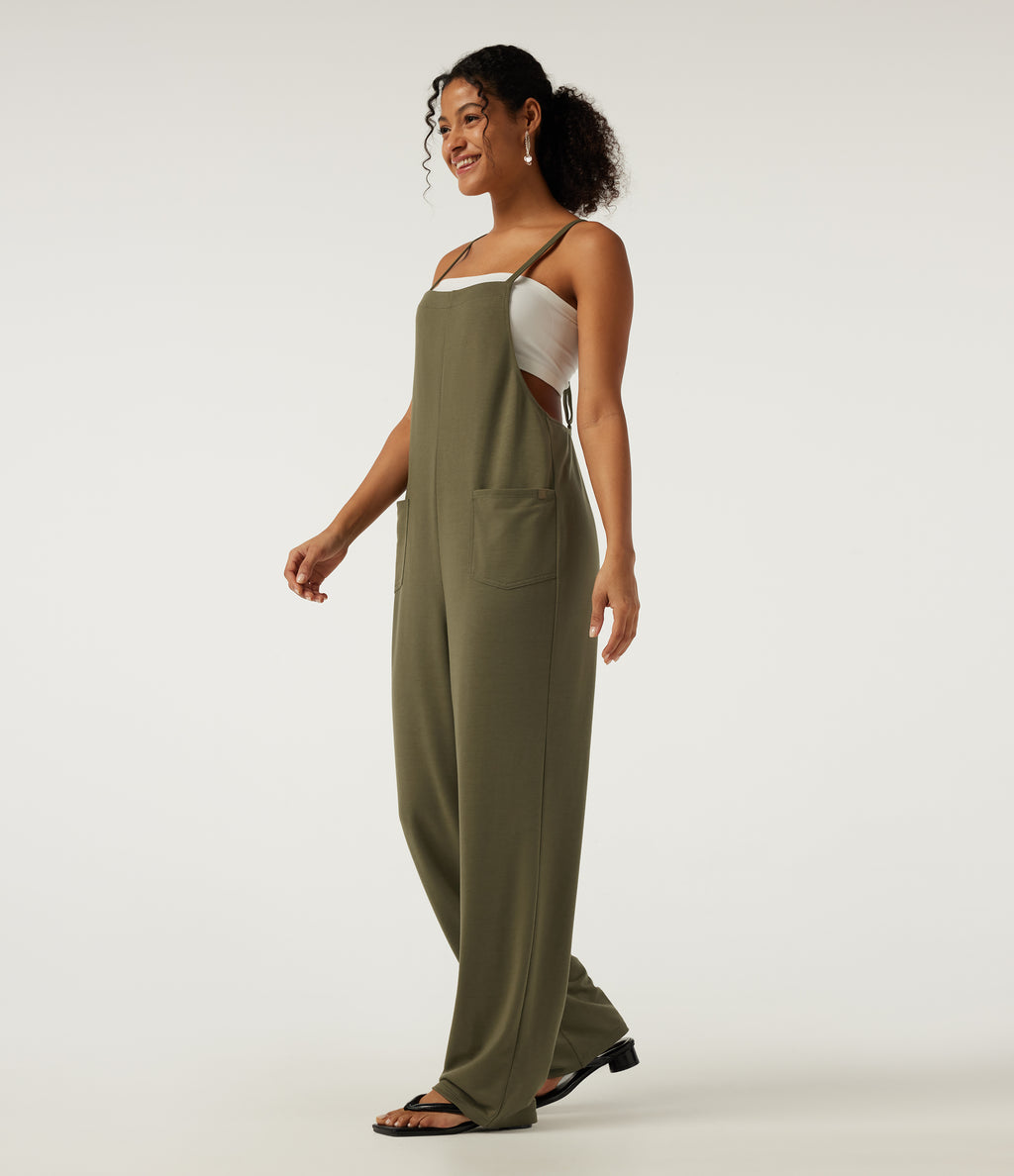 Square Neck Crisscross Straight Leg Casual Dungarees with Pockets — Winter Moss — view 3
