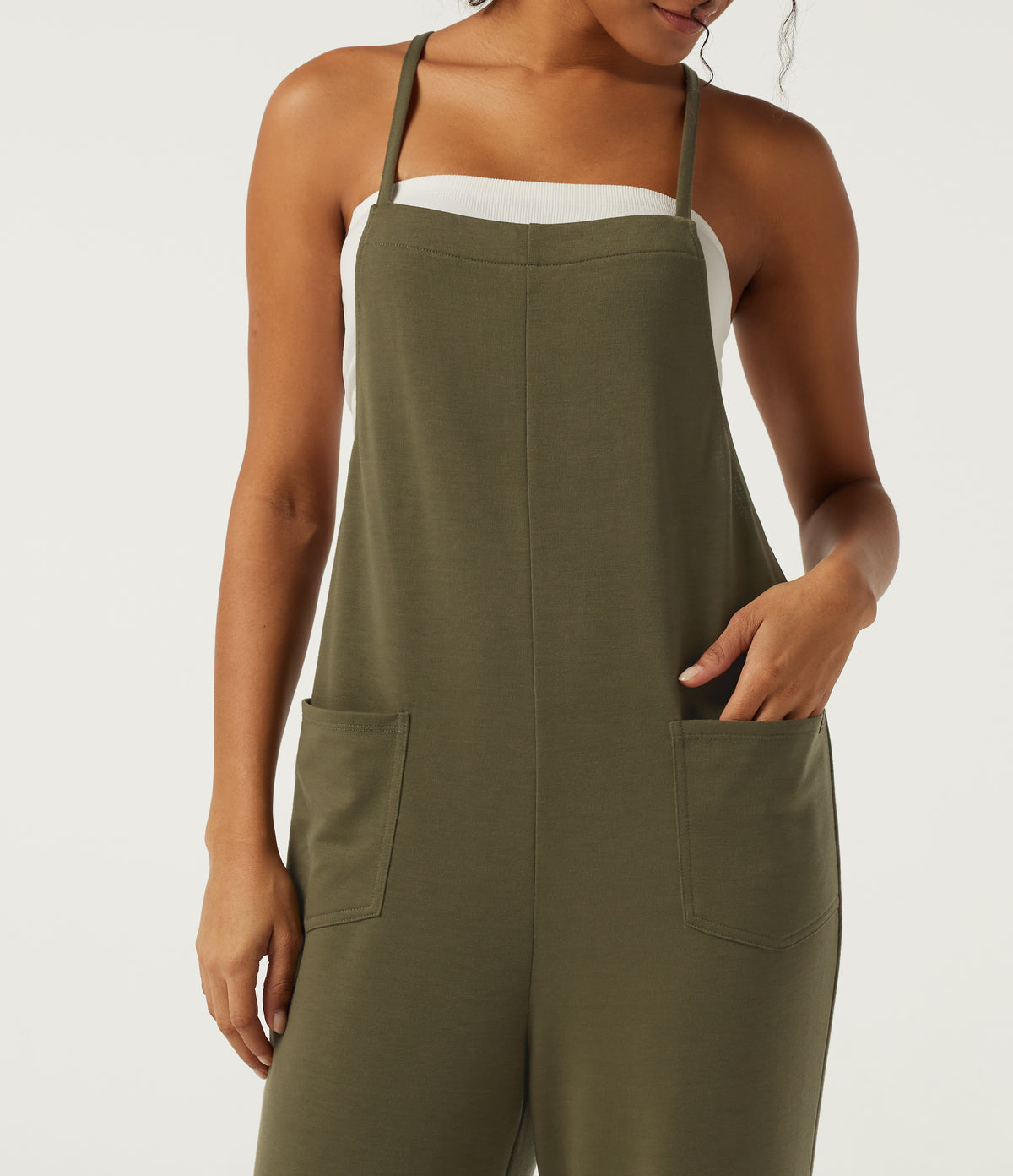 Square Neck Crisscross Straight Leg Casual Dungarees with Pockets — Winter Moss — view 5