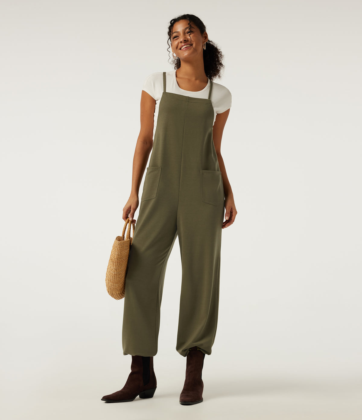 Square Neck Crisscross Straight Leg Casual Dungarees with Pockets — Winter Moss — view 7