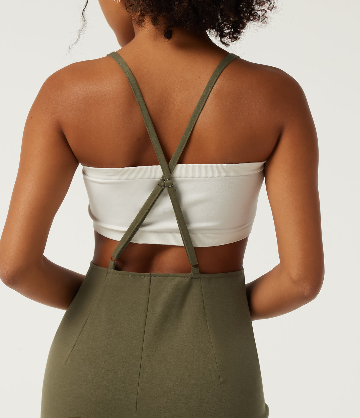 Square Neck Crisscross Straight Leg Casual Dungarees with Pockets — Winter Moss — view 4