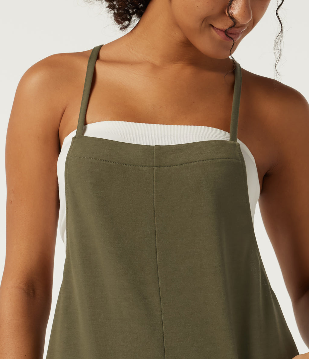 Square Neck Crisscross Straight Leg Casual Dungarees with Pockets — Winter Moss — view 6