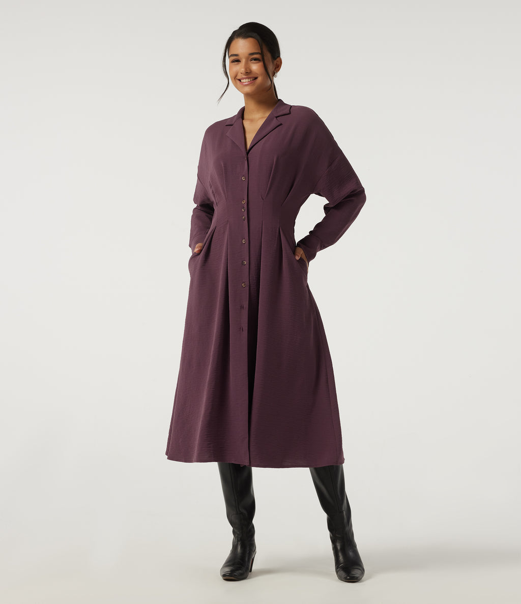 Lapel Long Sleeve Linen-Feel Casual Midi Dress with Pockets — Plum Wine — view 1