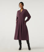 Lapel Long Sleeve Linen-Feel Casual Midi Dress with Pockets — Plum Wine — view 1