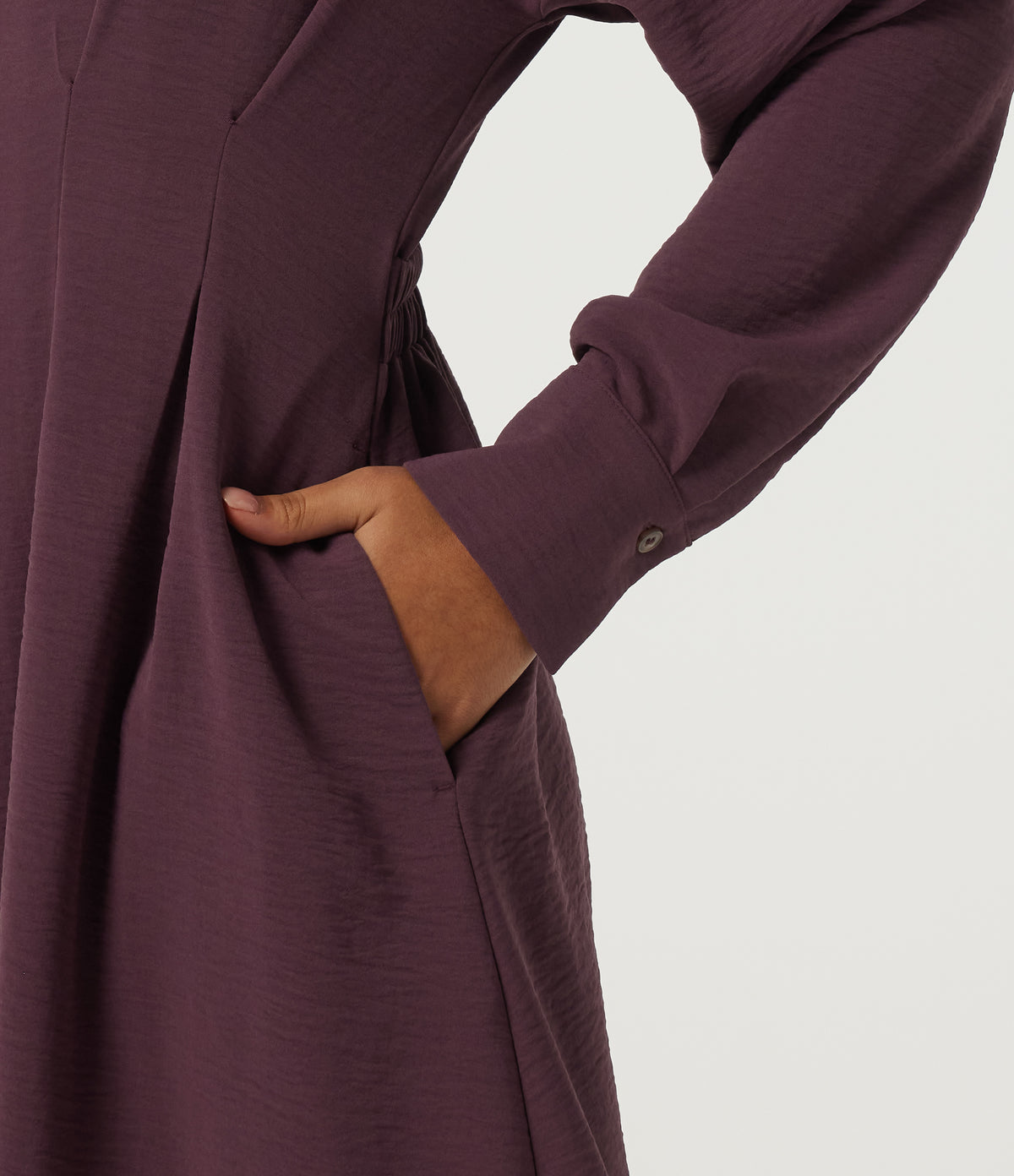 Lapel Long Sleeve Linen-Feel Casual Midi Dress with Pockets — Plum Wine — view 6