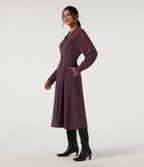 Lapel Long Sleeve Linen-Feel Casual Midi Dress with Pockets — Plum Wine — view 3