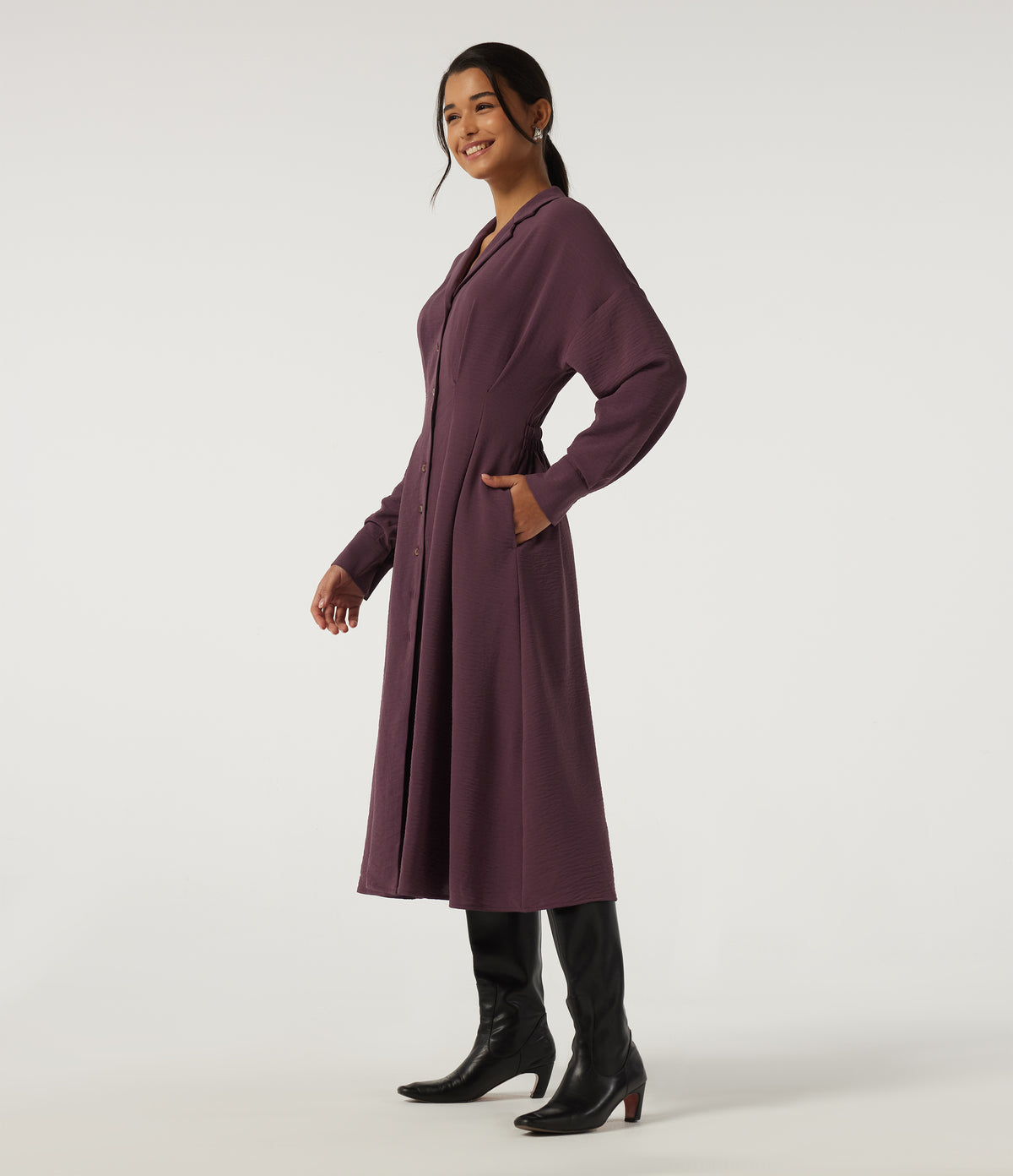 Lapel Long Sleeve Linen-Feel Casual Midi Dress with Pockets — Plum Wine — view 3