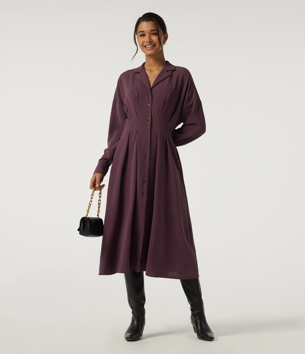 Lapel Long Sleeve Linen-Feel Casual Midi Dress with Pockets — Plum Wine — view 8