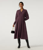 Lapel Long Sleeve Linen-Feel Casual Midi Dress with Pockets — Plum Wine — view 8