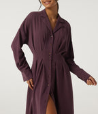 Lapel Long Sleeve Linen-Feel Casual Midi Dress with Pockets — Plum Wine — view 4