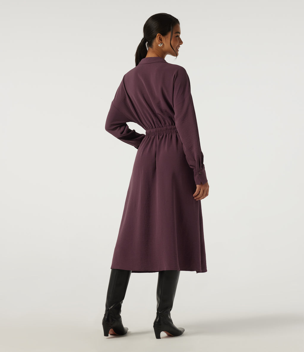 Lapel Long Sleeve Linen-Feel Casual Midi Dress with Pockets — Plum Wine — view 2