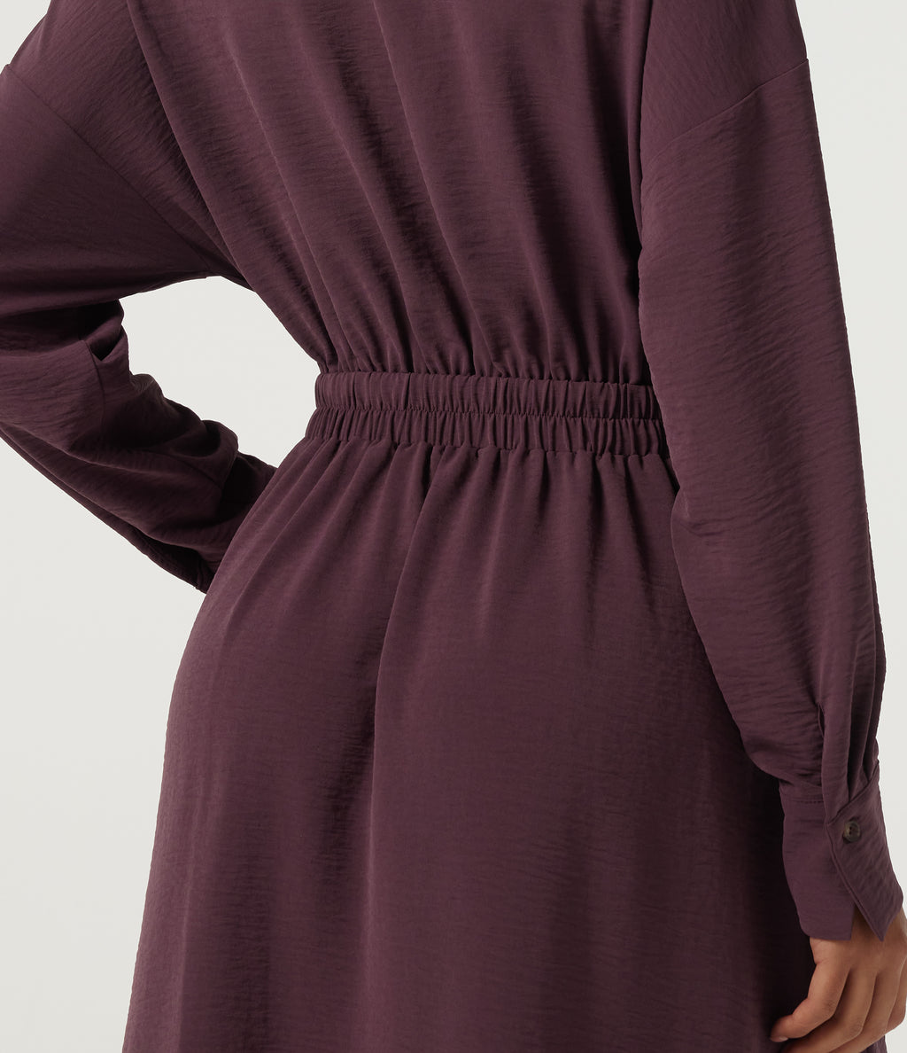 Lapel Long Sleeve Linen-Feel Casual Midi Dress with Pockets — Plum Wine — view 5