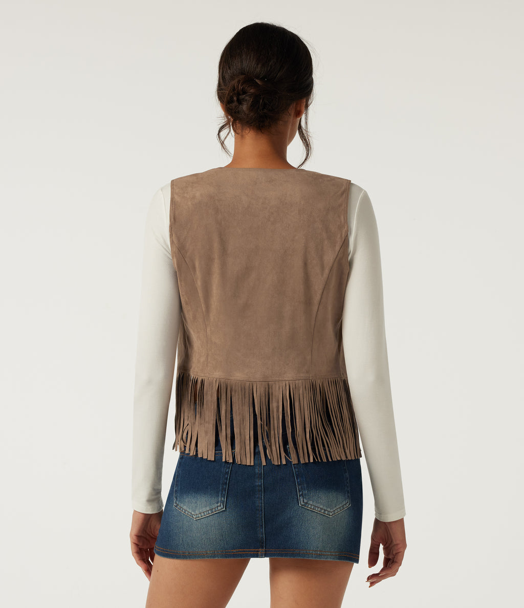 Open Front Sleeveless Fringe Suede Casual Faux Leather Jacket — Coca Mocha — view 2