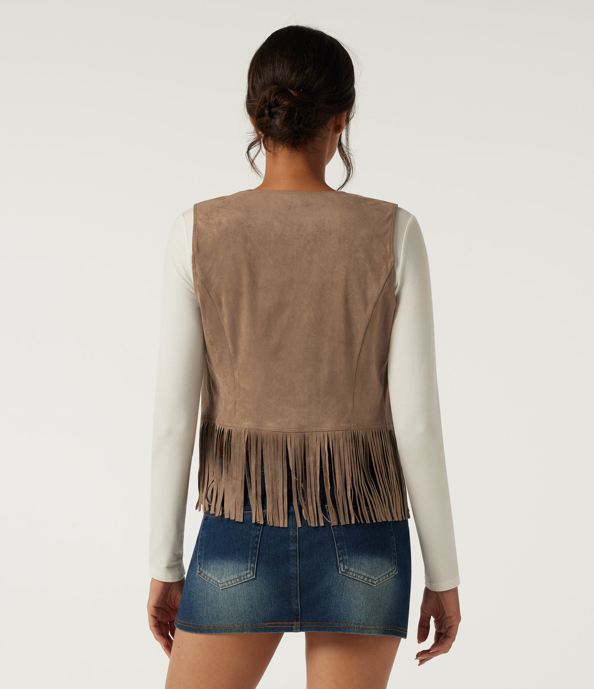 Open Front Sleeveless Fringe Suede Casual Faux Leather Jacket — Coca Mocha — view 2