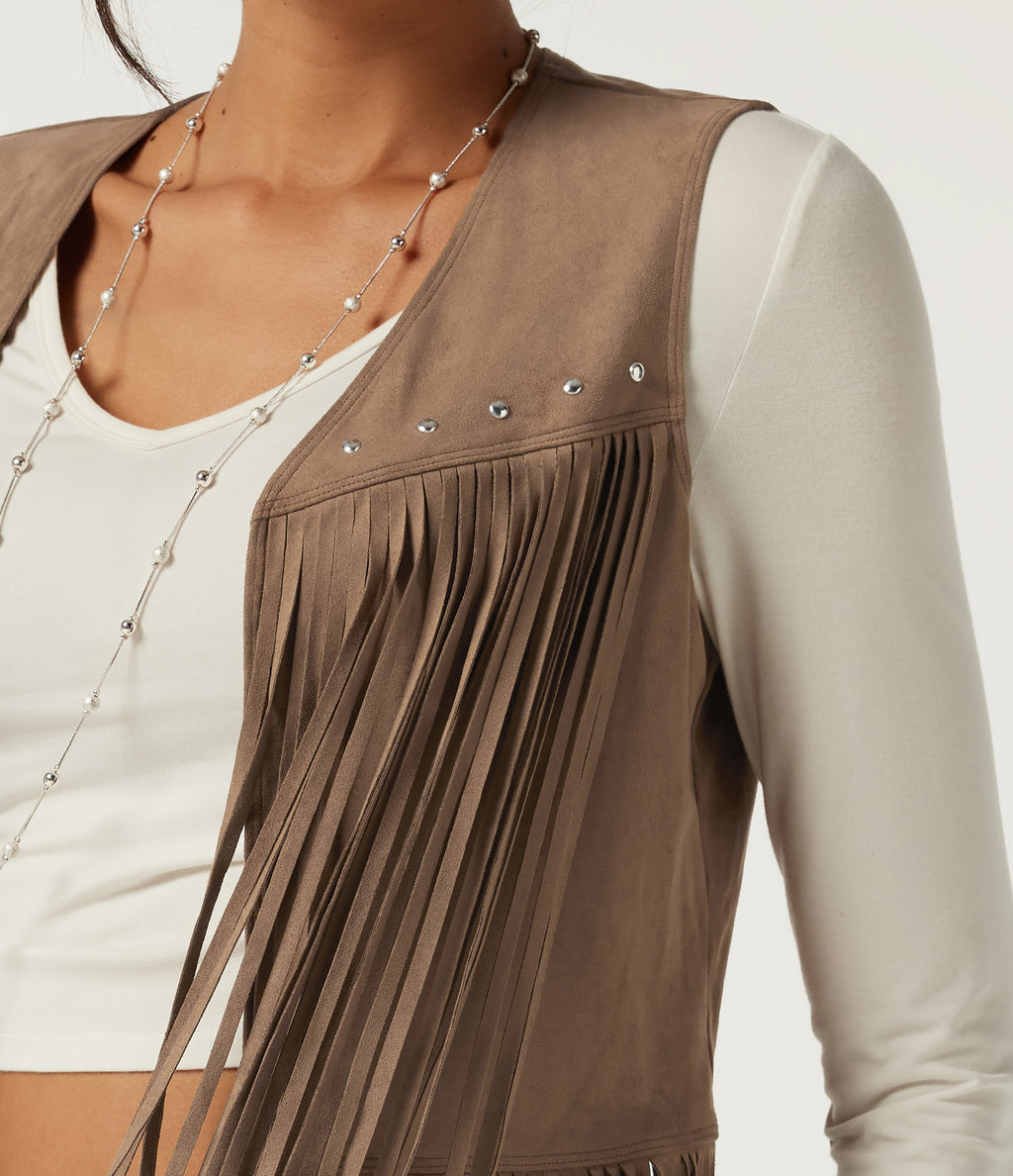 Open Front Sleeveless Fringe Suede Casual Faux Leather Jacket — Coca Mocha — view 6
