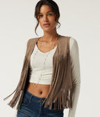 Open Front Sleeveless Fringe Suede Casual Faux Leather Jacket — Coca Mocha — view 1