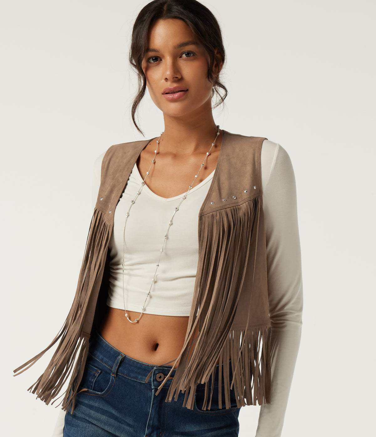 Open Front Sleeveless Fringe Suede Casual Faux Leather Jacket — Coca Mocha — view 1