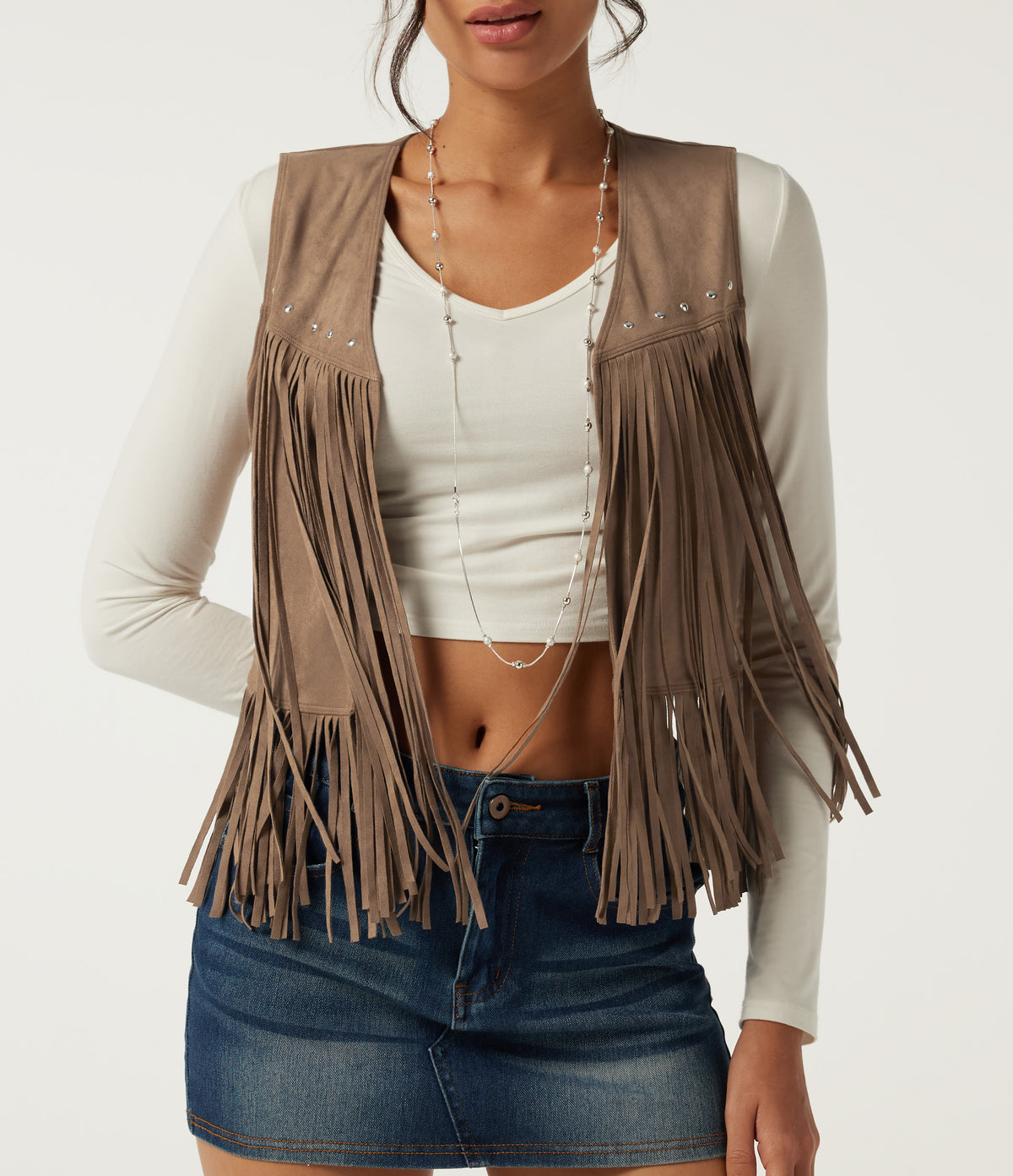 Open Front Sleeveless Fringe Suede Casual Faux Leather Jacket — Coca Mocha — view 5