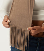 Open Front Sleeveless Fringe Suede Casual Faux Leather Jacket — Coca Mocha — view 7