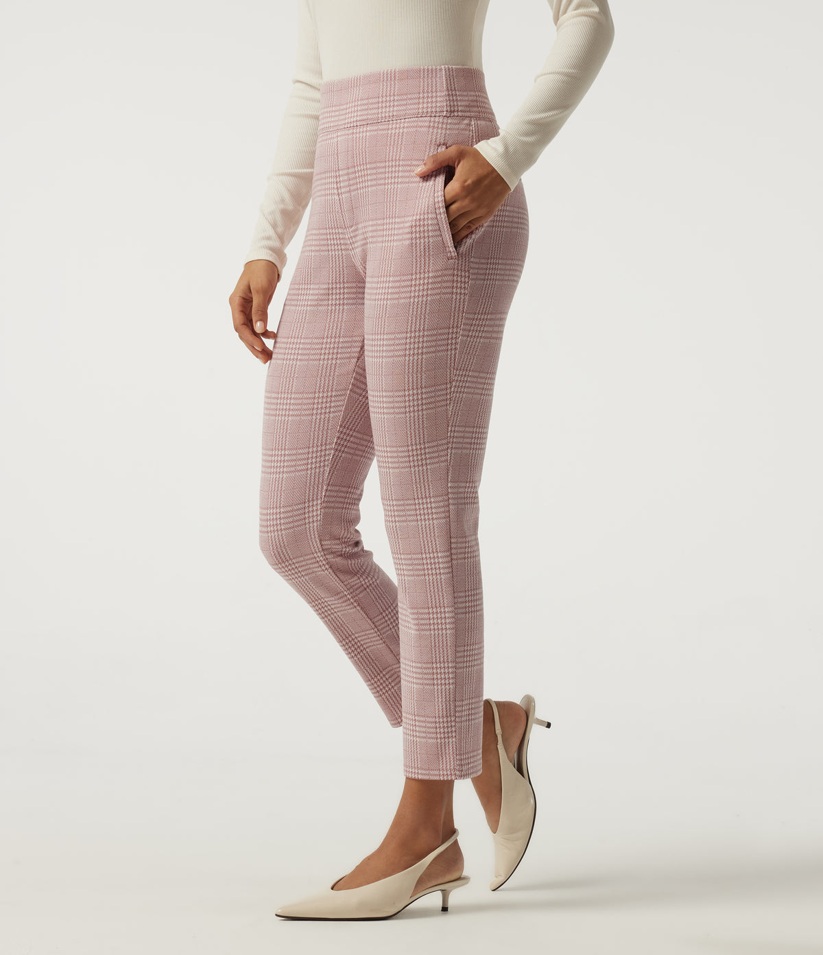 High Waisted Tapered Plaid Work Trousers with Pockets — Bean Paste Houndstooth Plaid — view 1
