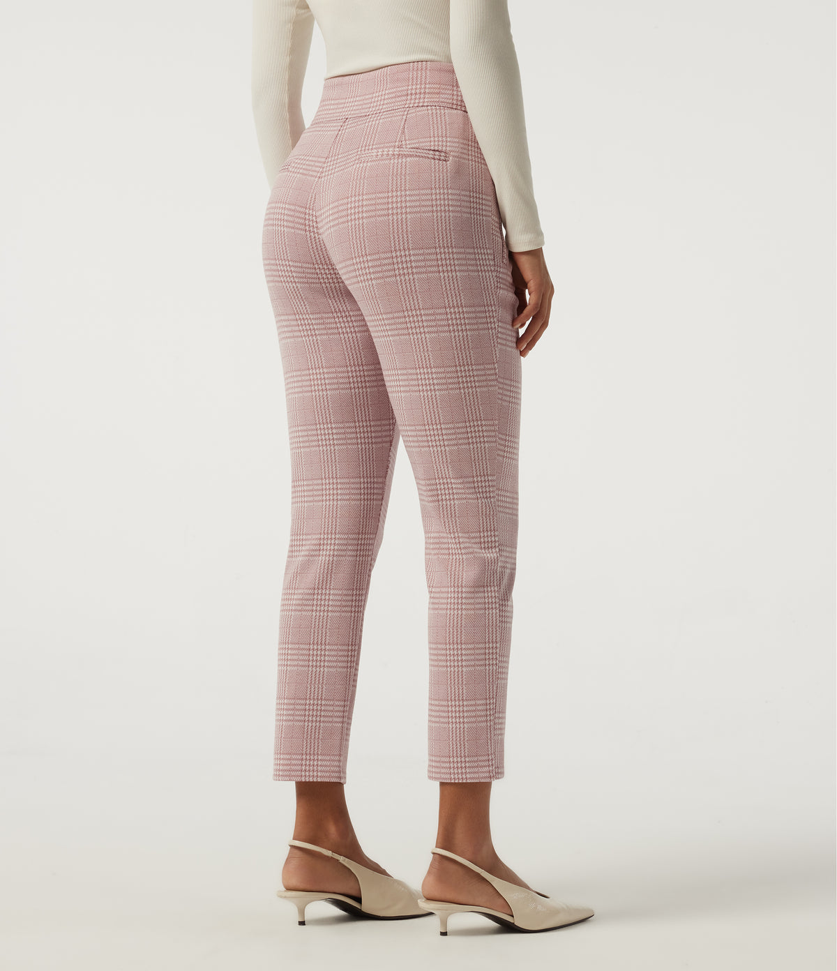 High Waisted Tapered Plaid Work Trousers with Pockets — Bean Paste Houndstooth Plaid — view 2