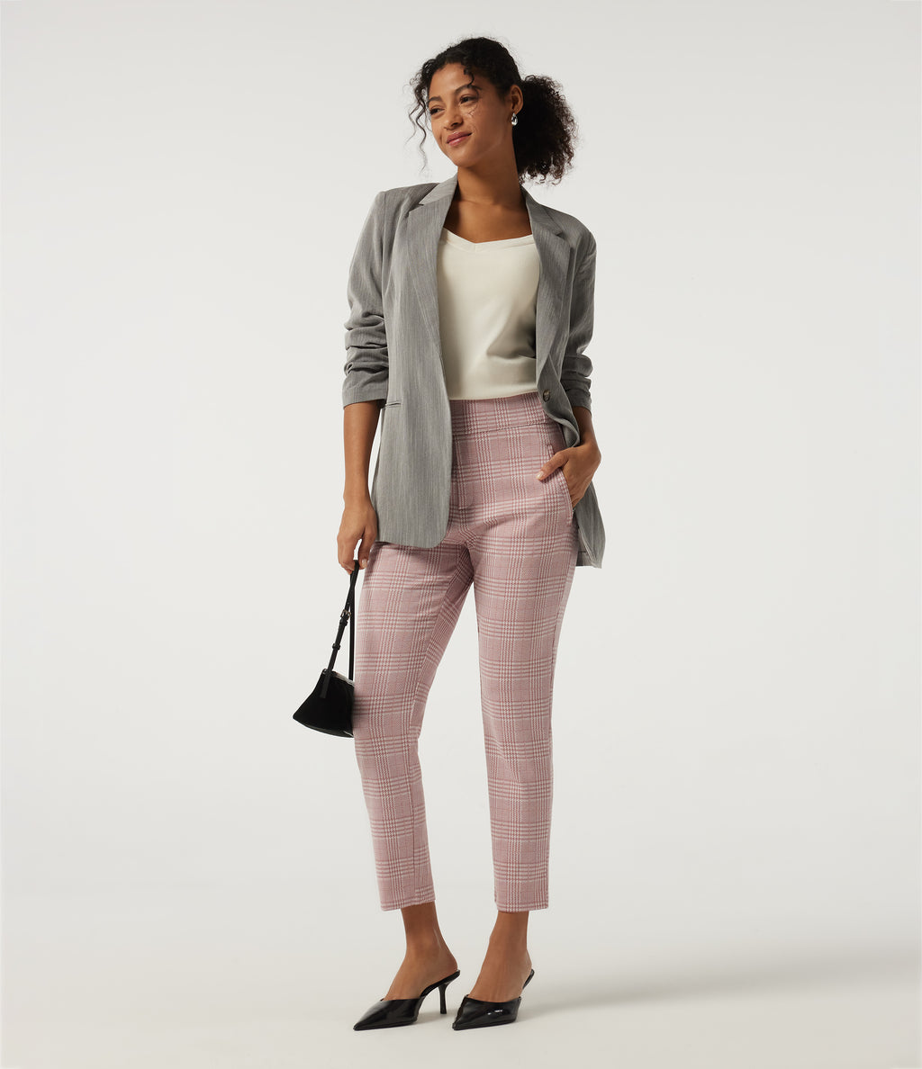 High Waisted Tapered Plaid Work Trousers with Pockets — Bean Paste Houndstooth Plaid — view 7