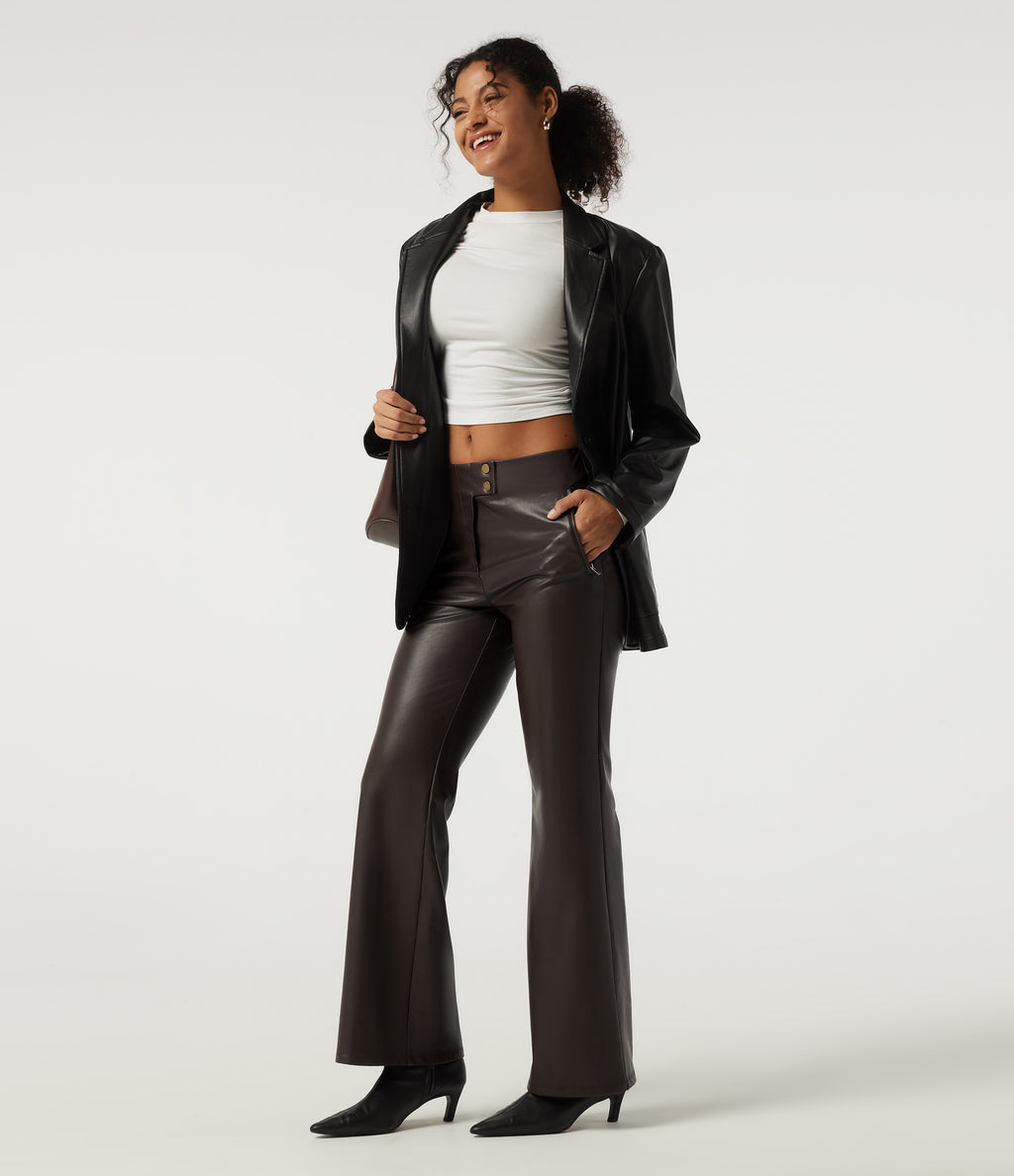 High Waisted Stretchy PU Fleece Casual Bootcut Trousers with Pockets — Hot Fudge — view 7