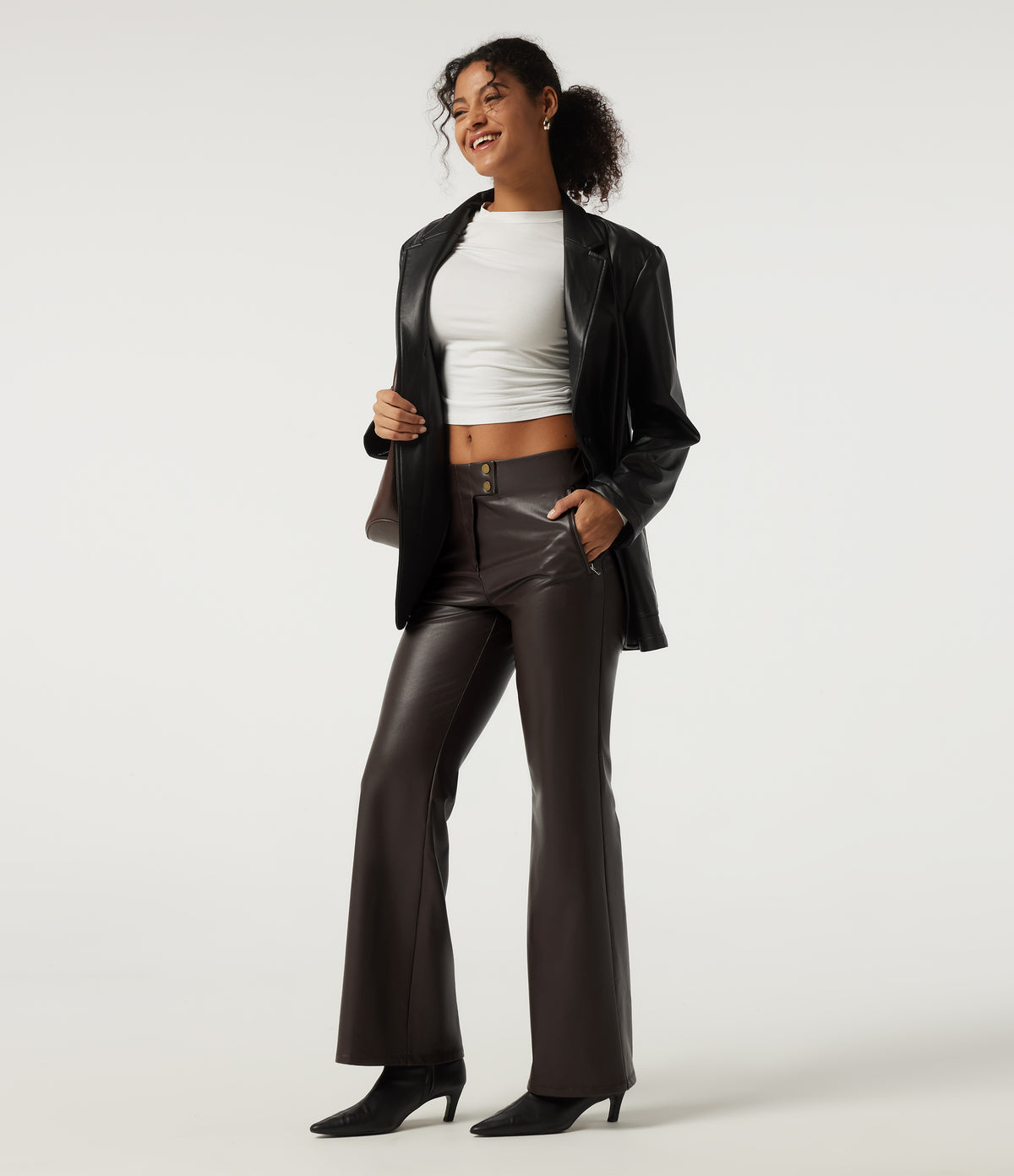 High Waisted Stretchy PU Fleece Casual Bootcut Trousers with Pockets — Hot Fudge — view 7