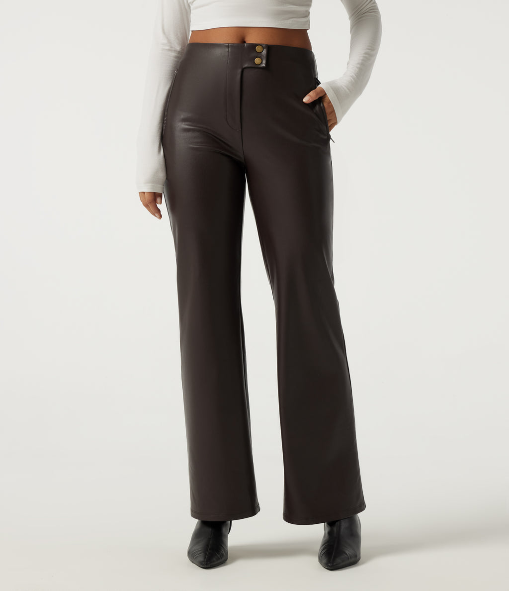 High Waisted Stretchy PU Fleece Casual Bootcut Trousers with Pockets — Hot Fudge — view 3