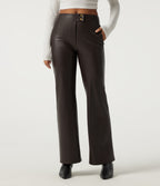 High Waisted Stretchy PU Fleece Casual Bootcut Trousers with Pockets — Hot Fudge — view 3