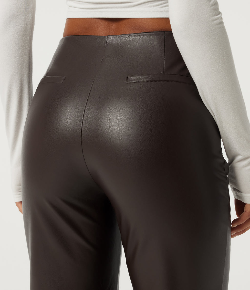 High Waisted Stretchy PU Fleece Casual Bootcut Trousers with Pockets — Hot Fudge — view 5