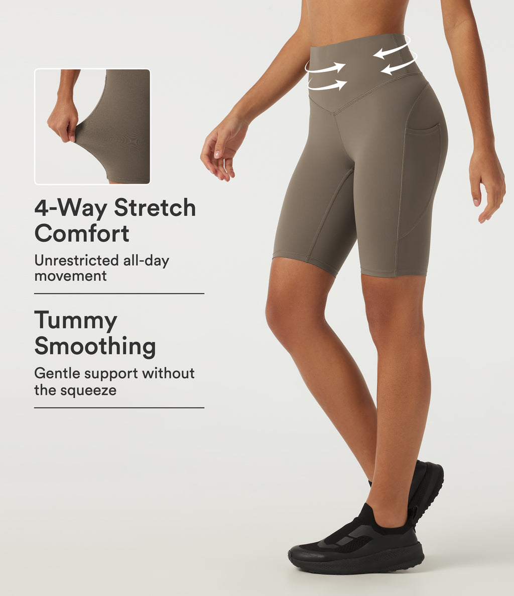 High Waisted Tummy Control Cycling Bikers 9" with Pockets — Dawn Brown — view 1