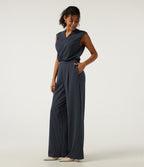 Notched Sleeveless Wide Leg Stripe Work Jumpsuits with Pockets - Edition — Navy Pinstripe — view 3