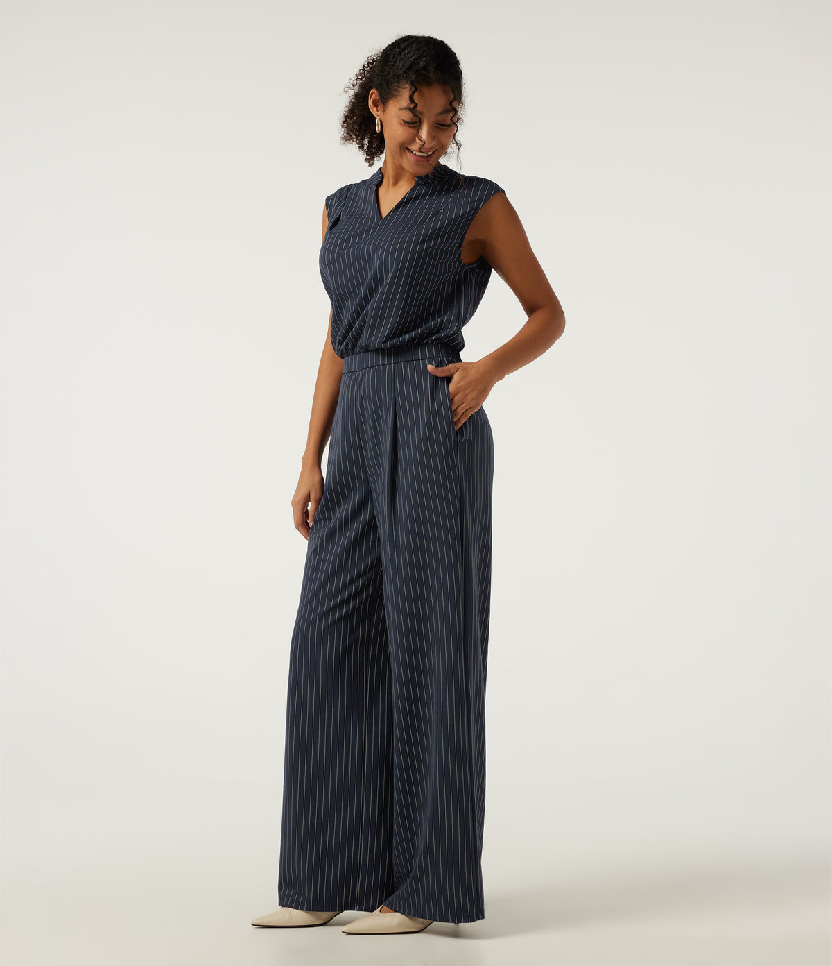 Notched Sleeveless Wide Leg Stripe Work Jumpsuits with Pockets - Edition — Navy Pinstripe — view 3