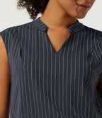 Notched Sleeveless Wide Leg Stripe Work Jumpsuits with Pockets - Edition — Navy Pinstripe — view 4