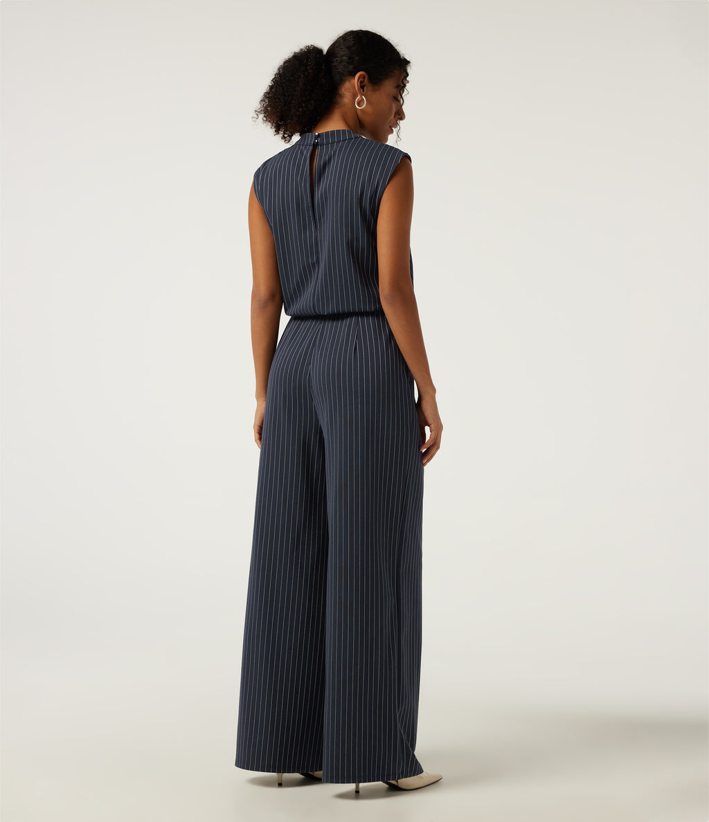 Notched Sleeveless Wide Leg Stripe Work Jumpsuits with Pockets - Edition — Navy Pinstripe — view 2