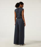 Notched Sleeveless Wide Leg Stripe Work Jumpsuits with Pockets - Edition — Navy Pinstripe — view 2