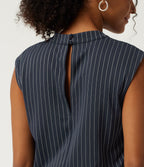 Notched Sleeveless Wide Leg Stripe Work Jumpsuits with Pockets - Edition — Navy Pinstripe — view 5