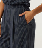 Notched Sleeveless Wide Leg Stripe Work Jumpsuits with Pockets - Edition — Navy Pinstripe — view 6