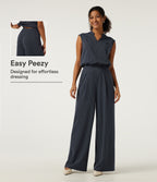 Notched Sleeveless Wide Leg Stripe Work Jumpsuits with Pockets - Edition — Navy Pinstripe — view 1