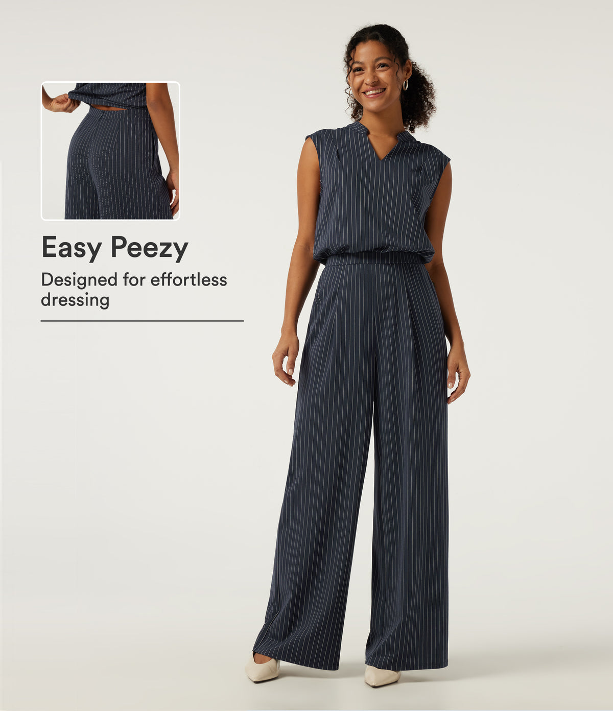 Notched Sleeveless Wide Leg Stripe Work Jumpsuits with Pockets - Edition — Navy Pinstripe — view 1