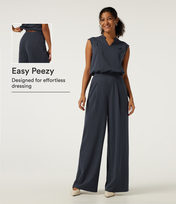 Notched Sleeveless Wide Leg Stripe Work Jumpsuits with Pockets - Edition — Navy Pinstripe — view 1