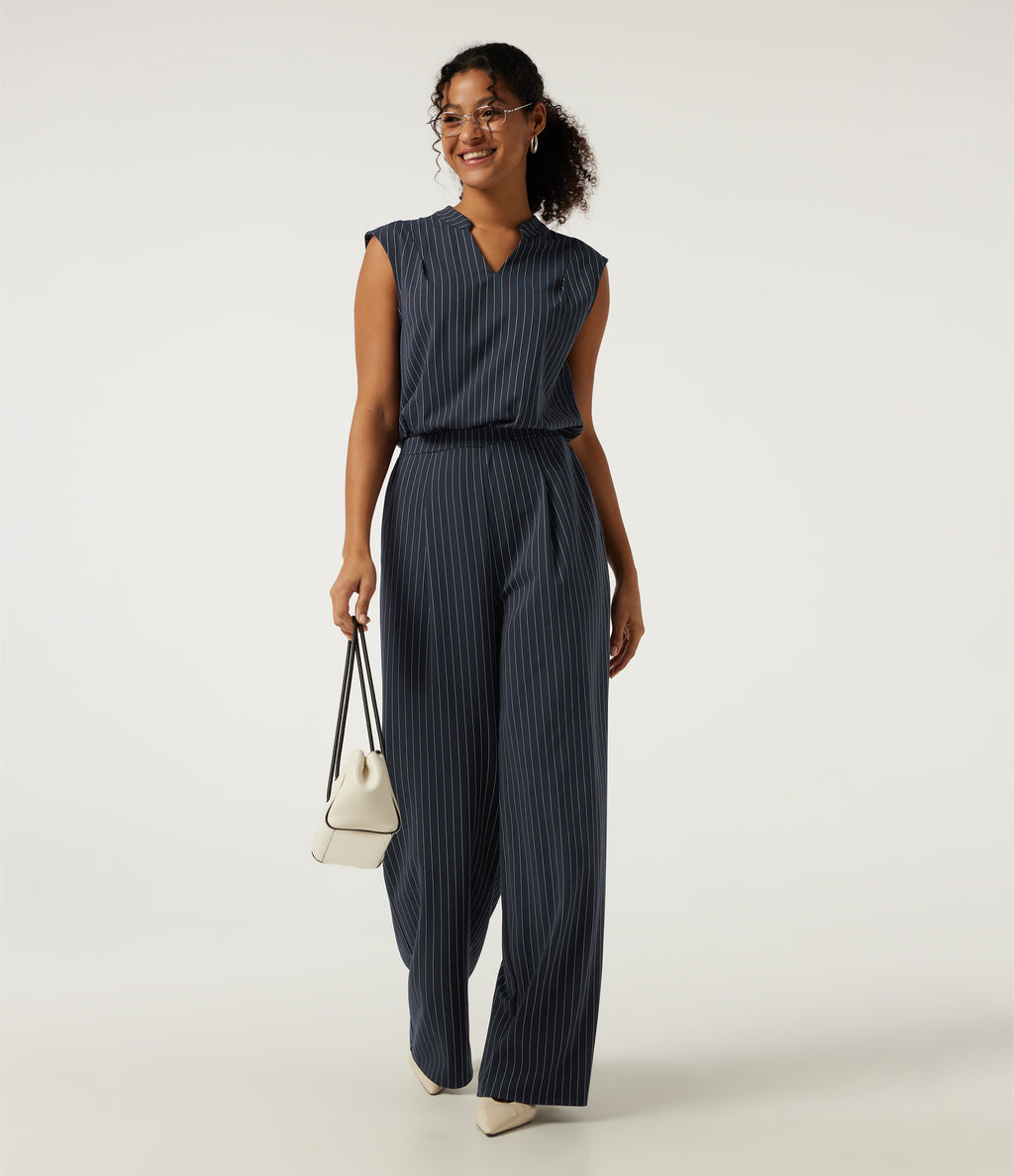 Notched Sleeveless Wide Leg Stripe Work Jumpsuits with Pockets - Edition — Navy Pinstripe — view 8