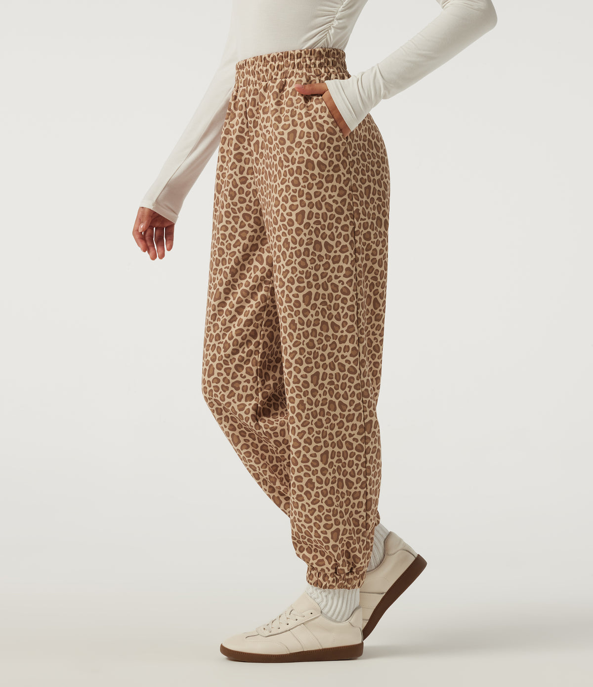 High Waisted Leopard Print Casual Joggers with Pockets — Smoky Mocha Leopard — view 3