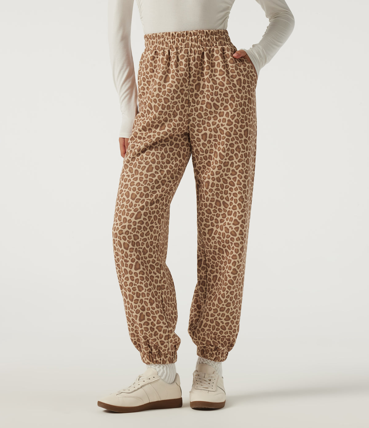 High Waisted Leopard Print Casual Joggers with Pockets — Smoky Mocha Leopard — view 1