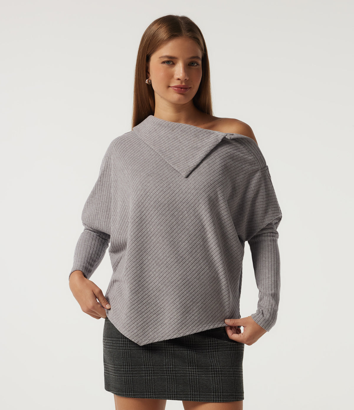 Ribbed Knit Asymmetric Collar Batwing Long Sleeve Casual Top — Dark Mottled Grey — view 4