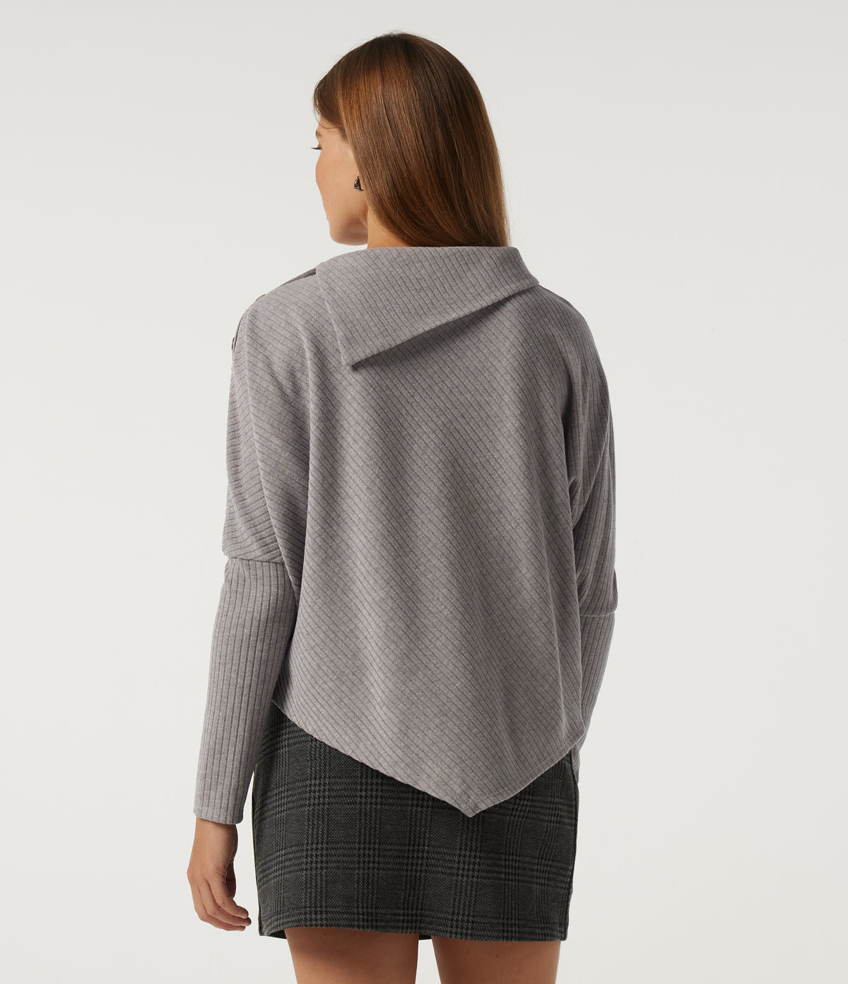 Ribbed Knit Asymmetric Collar Batwing Long Sleeve Casual Top — Dark Mottled Grey — view 2