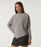 Ribbed Knit Asymmetric Collar Batwing Long Sleeve Casual Top — Dark Mottled Grey — view 6