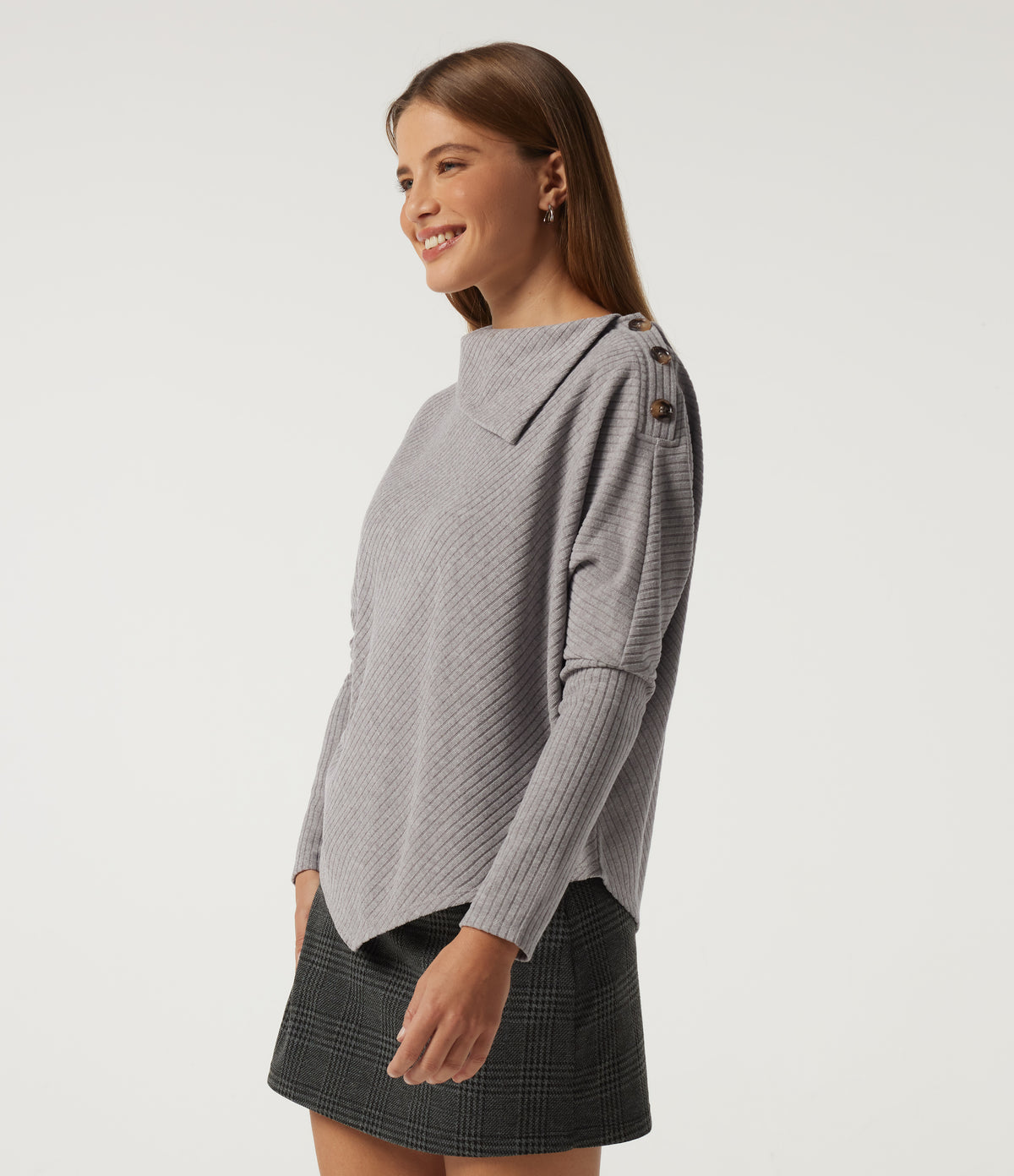 Ribbed Knit Asymmetric Collar Batwing Long Sleeve Casual Top — Dark Mottled Grey — view 5