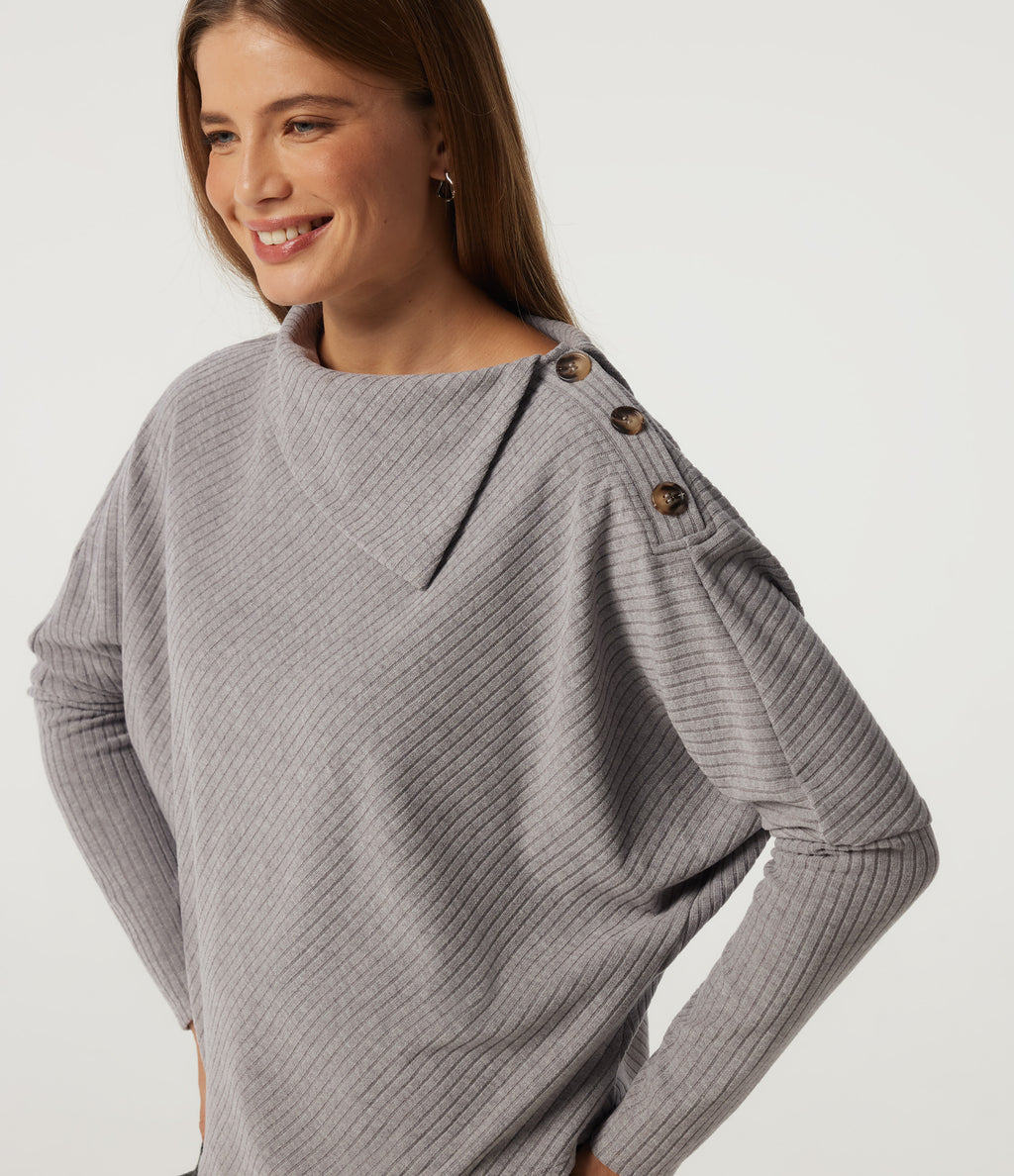 Ribbed Knit Asymmetric Collar Batwing Long Sleeve Casual Top — Dark Mottled Grey — view 7