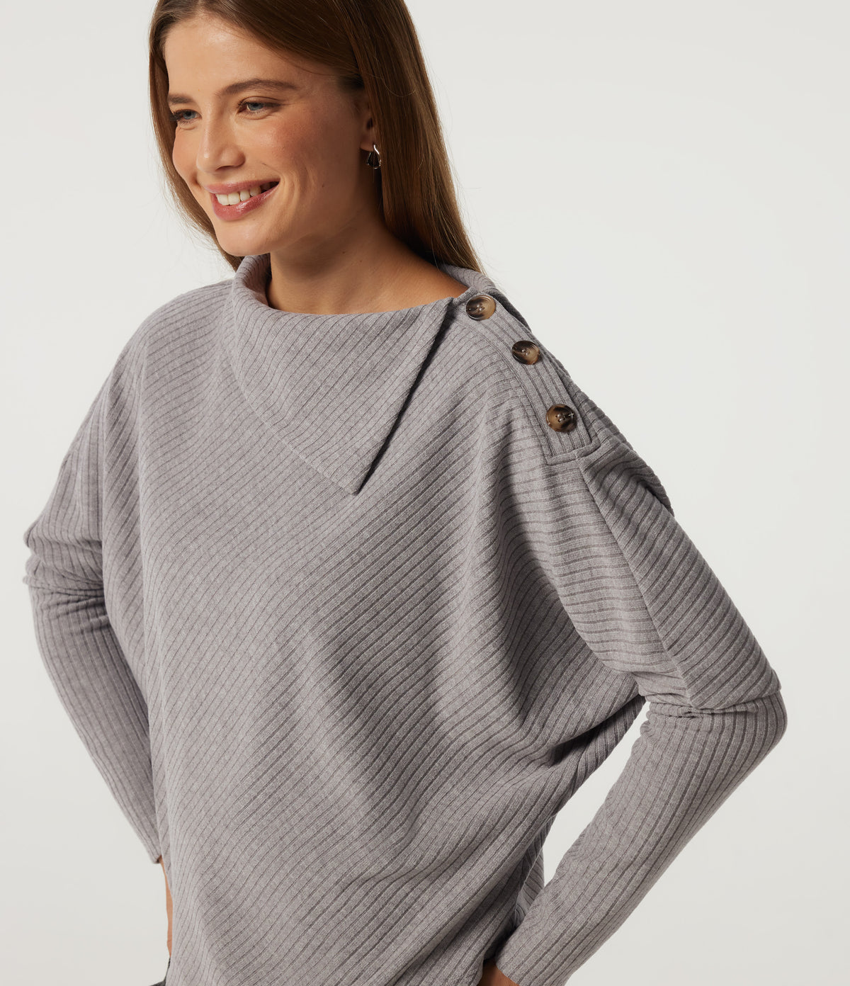 Ribbed Knit Asymmetric Collar Batwing Long Sleeve Casual Top — Dark Mottled Grey — view 7
